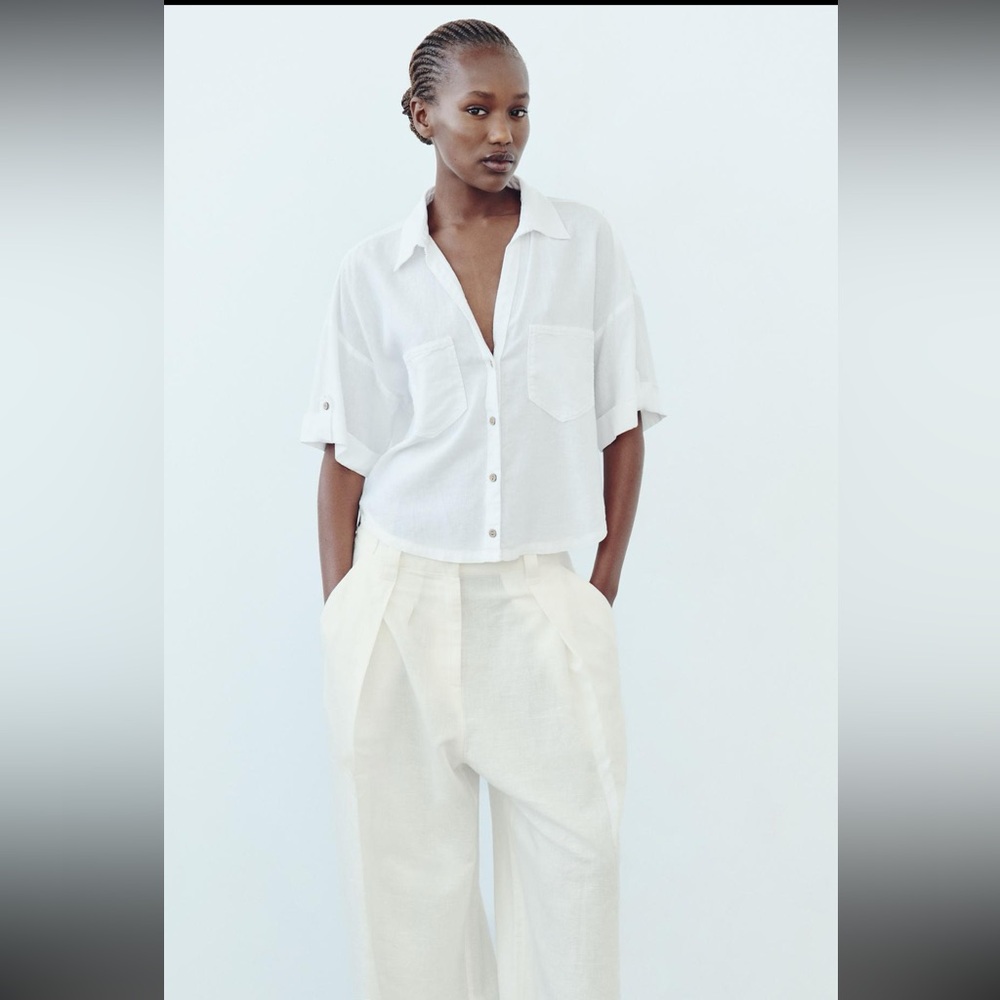 PRIMARK White Short-Sleeve Oversize Boxy Button Down Blouse Top Collar T-Shirt S - Picture 4 of 16